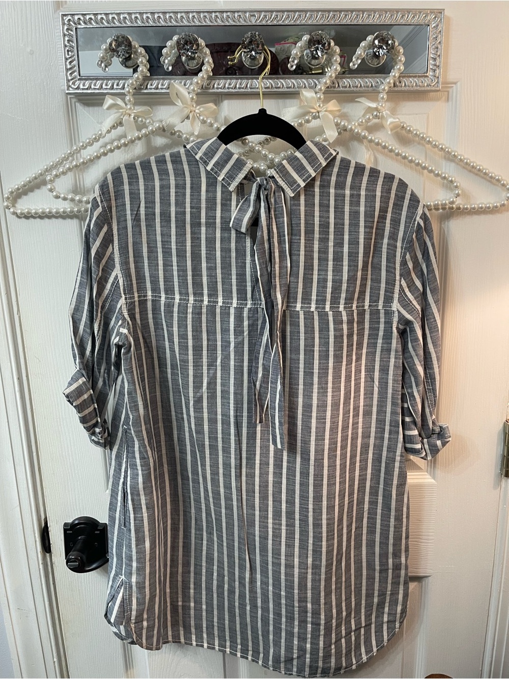 Women's Gray & White Vertical Nautical Stripe Buttoned Shirt - Picture 6 of 6